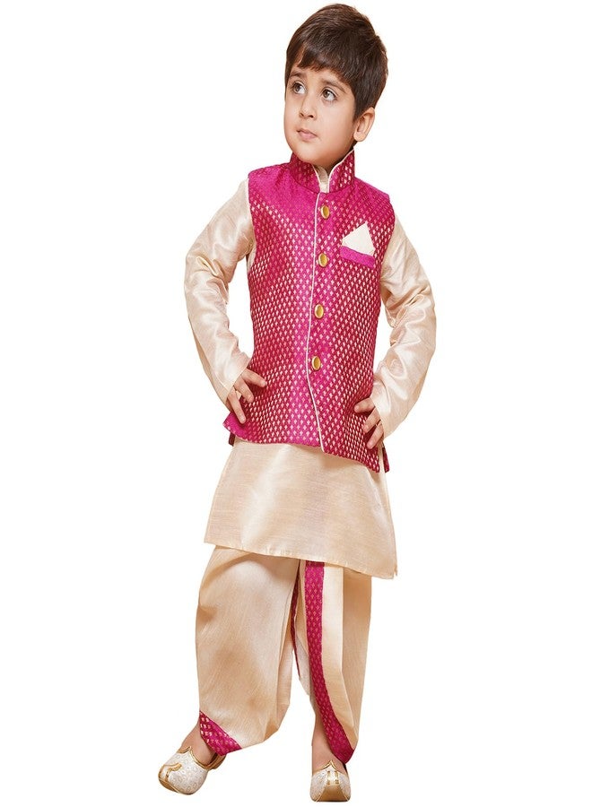 AJ DEZINES Kids Dhoti Kurta Set for Boys | Ethnic Wear for Kids | Cotton Full Sleeve Boy Ethnic Outfit | Kid Wear for Weddings & Festivals | Stylish Boys Dress with Woven Waistcoat | PINK-4 - Image 1
