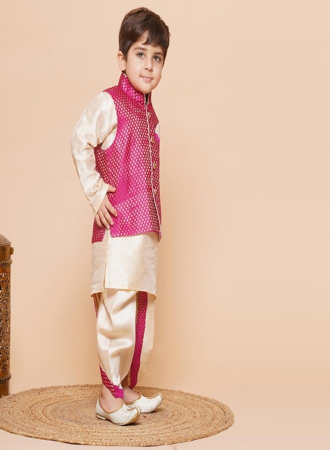 AJ DEZINES Kids Dhoti Kurta Set for Boys | Ethnic Wear for Kids | Cotton Full Sleeve Boy Ethnic Outfit | Kid Wear for Weddings & Festivals | Stylish Boys Dress with Woven Waistcoat | PINK-4 - Image 4