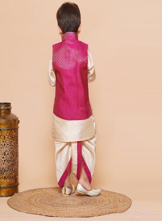 AJ DEZINES Kids Dhoti Kurta Set for Boys | Ethnic Wear for Kids | Cotton Full Sleeve Boy Ethnic Outfit | Kid Wear for Weddings & Festivals | Stylish Boys Dress with Woven Waistcoat | PINK-4 - Image 2