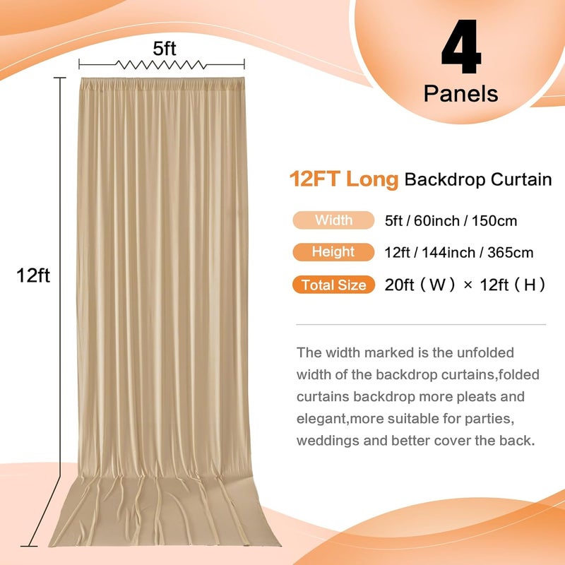 NSSONBEN 20ft×12ft Wrinkle Free Champagne Backdrop Curtain for Wedding Parties, 4 Panels 5×12ft Long Silky Polyester Fabric Backdrop Drapes Photo Back Drop Curtains for Birthday Photography Background Cloth - Image 3