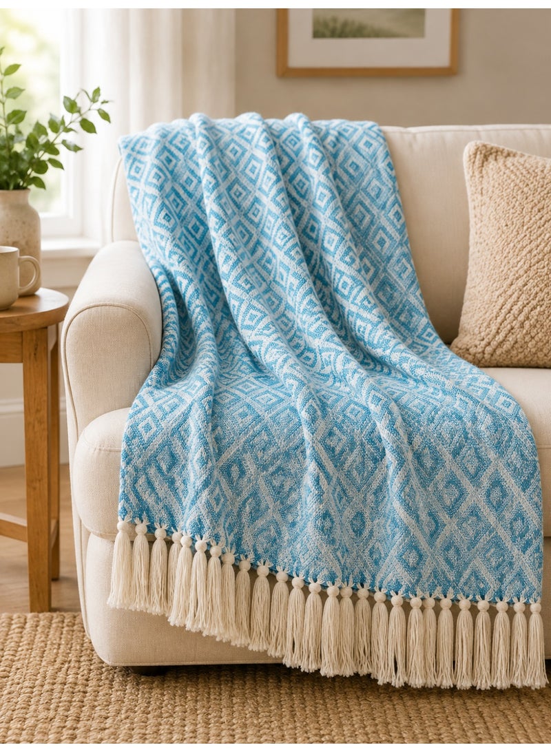 Woven Throw Blanket – 100% Cotton, 127 × 154 cm – Soft Lightweight Textured Blanket with Decorative Tassels for Sofa, Bed & Home Décor - Image 1
