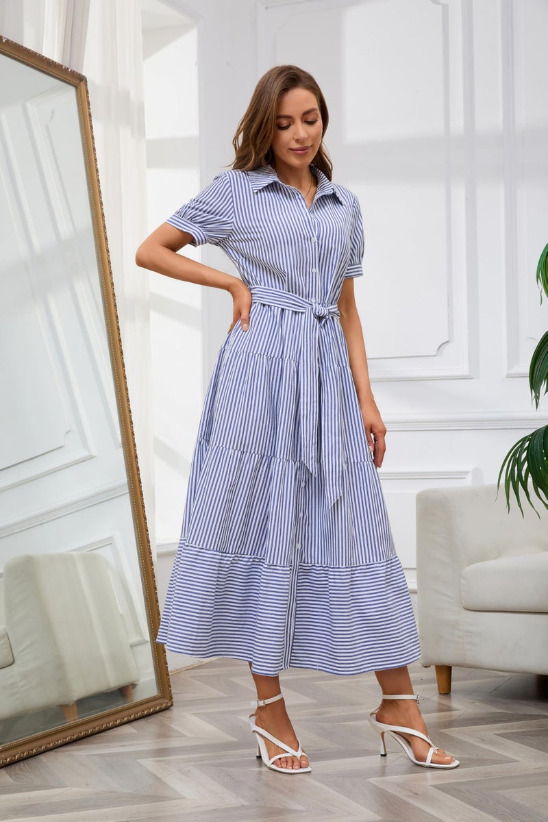 utcoco Womens Casual Short Sleeve Button Down Tie Waist Ruffled Striped Maxi Shirt Dress (X-Large, Blue) - Image 4
