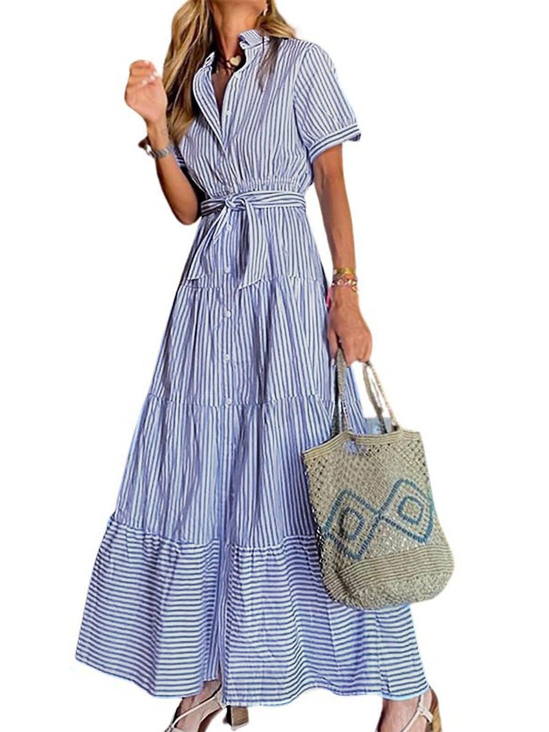 utcoco Womens Casual Short Sleeve Button Down Tie Waist Ruffled Striped Maxi Shirt Dress (X-Large, Blue) - Image 1