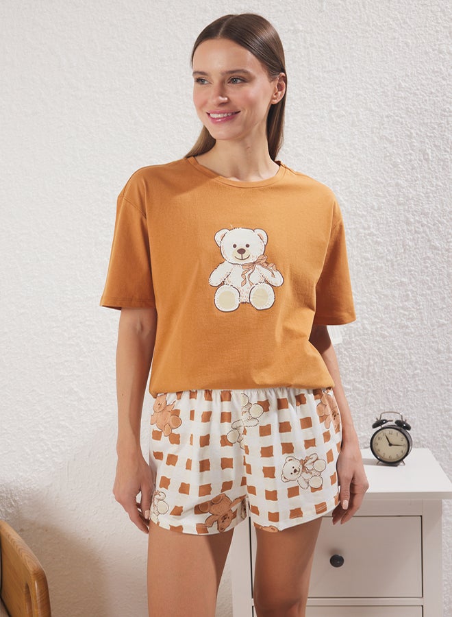 trendyol Beige 100% Cotton Teddy Bear and Ribbon/Bow Printed Shorts Knitted Pajama Set  - Image 1