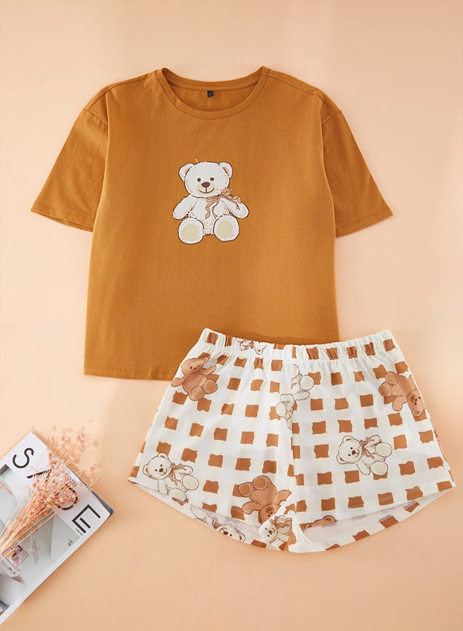 trendyol Beige 100% Cotton Teddy Bear and Ribbon/Bow Printed Shorts Knitted Pajama Set  - Image 5