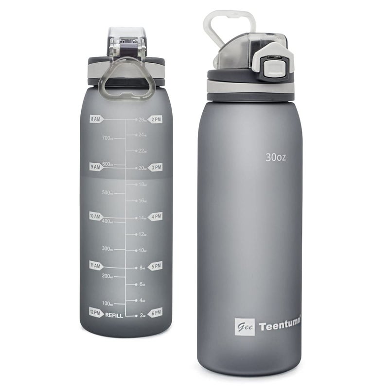Teentumn 30oz Sport Water Bottle with Time Markers Large Durable Gym Plastic Bottle Tritan BPA Free for Fitness Outdoor Enthusiasts Leakproof Gray Pack of 1