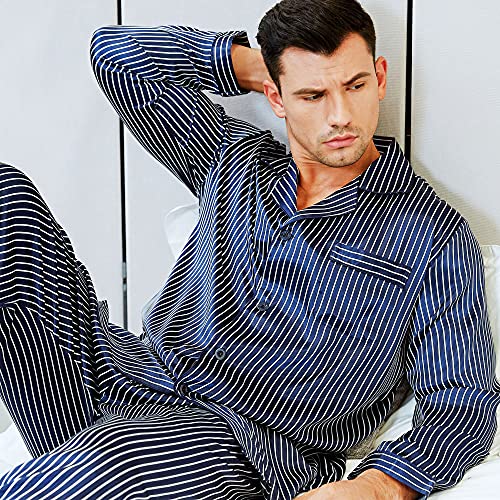 Lonxu Mens Satin Pajamas Set Navy Blue Striped XL - Image 3