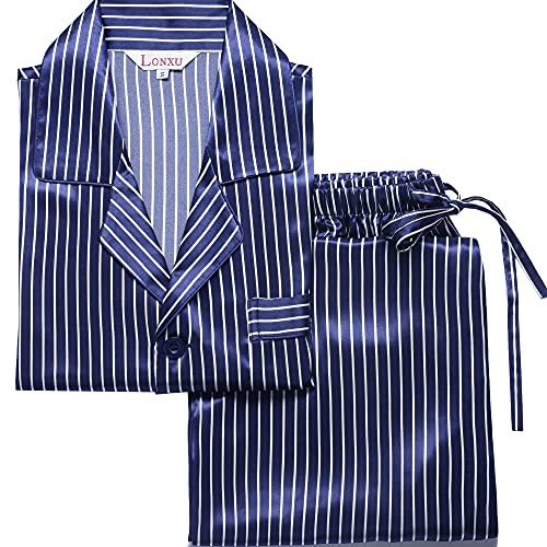 Lonxu Mens Satin Pajamas Set Navy Blue Striped XL - Image 1