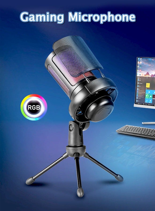 General Gaming Microphone, USB PC Mic for Podcasts Videos, Streaming, Condenser Mic with Quick Mute, Tripod Stand, Pop Filter, RGB Indicator, Shock Mount (Black)  - Image 1