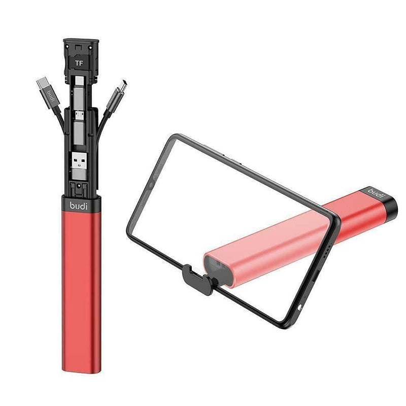 fonefunshop Budi 9-in-1 Travel Charging and Sync Cable Stick – Compact Multi-Port Universal Cable – Red - Image 1