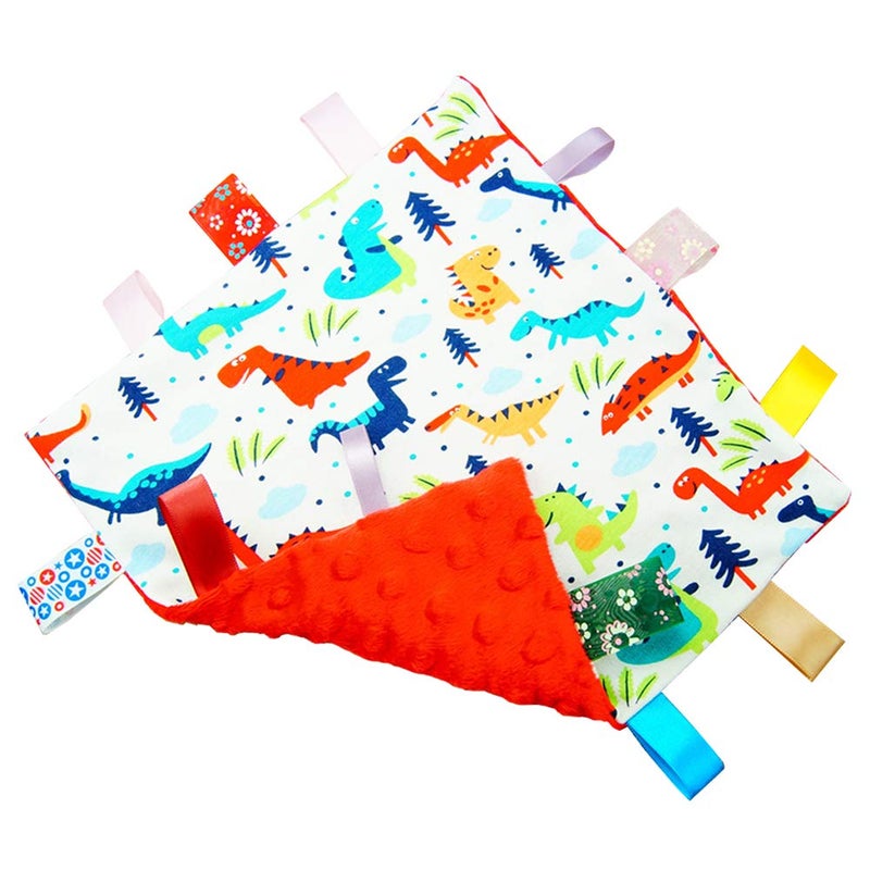 G-Tree Baby Comfort Blanket with Tag, Multi-Coloured Dinosaurs Tag, FOMUNI Taggy Blanket - Red Textured Underside - Image 1