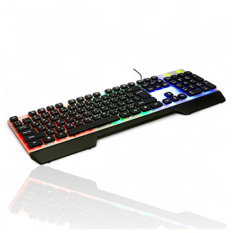 ZERO Wired Gaming Keyboard with Rainbow LED Backlighting, Silent Keys, English & Arabic Layout, Multimedia Shortcuts, Elegant Ergonomic Design (ZR-2030)
