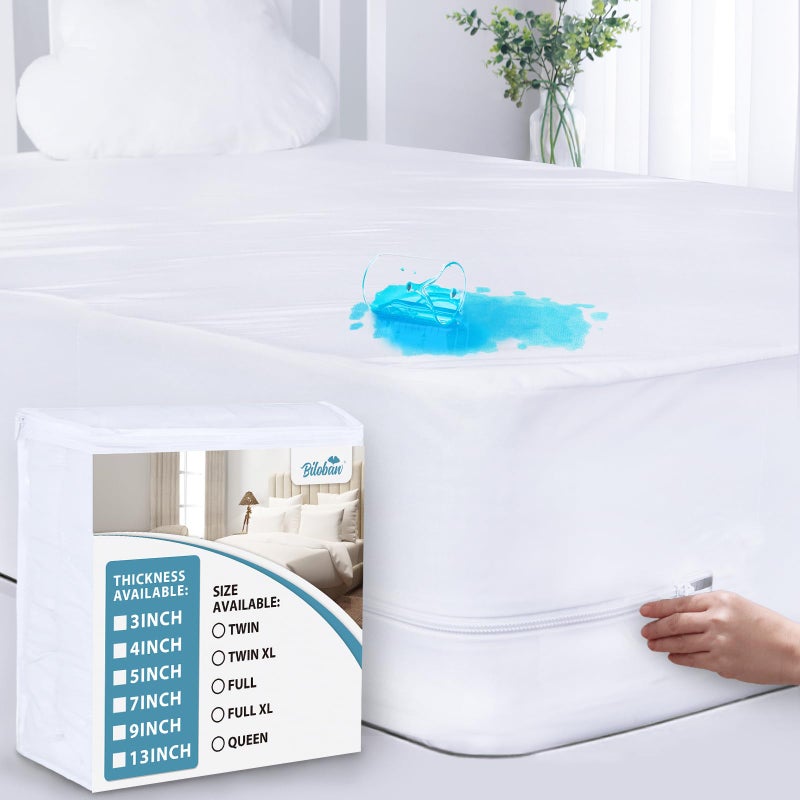 Biloban Queen Mattress Protector (3/4/5/7/9/13Inches), Waterproof Mattress Cover Extra Deep Pocket, Zippered Mattress Encasement, Premium 6-Sided Bed Cover, Breathable and Absorbent - Image 1