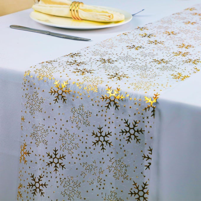 2 PCS CHRISTMAS SNOWFLAKE GOLD TABLE RUNNER SPARKLY GOLDEN METALLIC FOIL RUNNERS DECORATIONS GLITTER FOR WINTER FESTIVAL HOLIDAY HOME PARTY SEASONAL