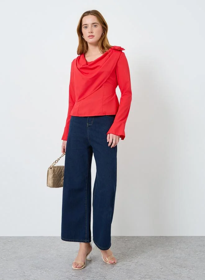 Take Two Women Solid Drapped Neck Flower Detail Top