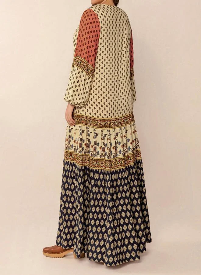 Take Two Women Bohemian Print Color Block Maxi Dress