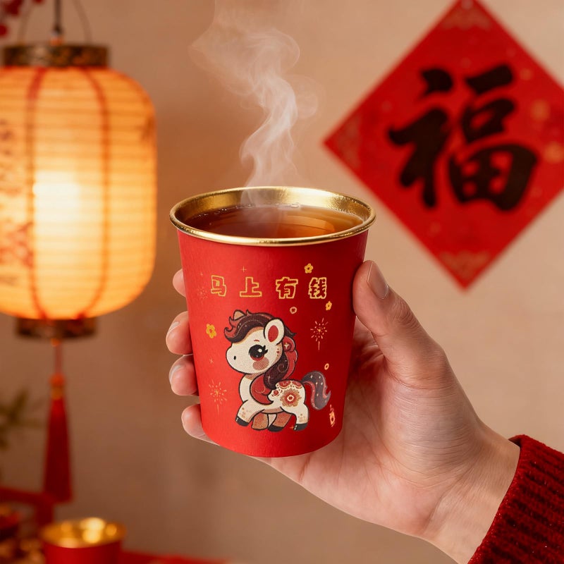 SureOBliss Chinese New Year Paper Coffee Cups,50PCS Red Disposable Coffee Cups of 2026 Horse,Lunar New Year Party Horse Thicken Tea Cups for Hot Cold Drink,Red Paper Cups for Spring Festival 2026 Tableware - Image 4