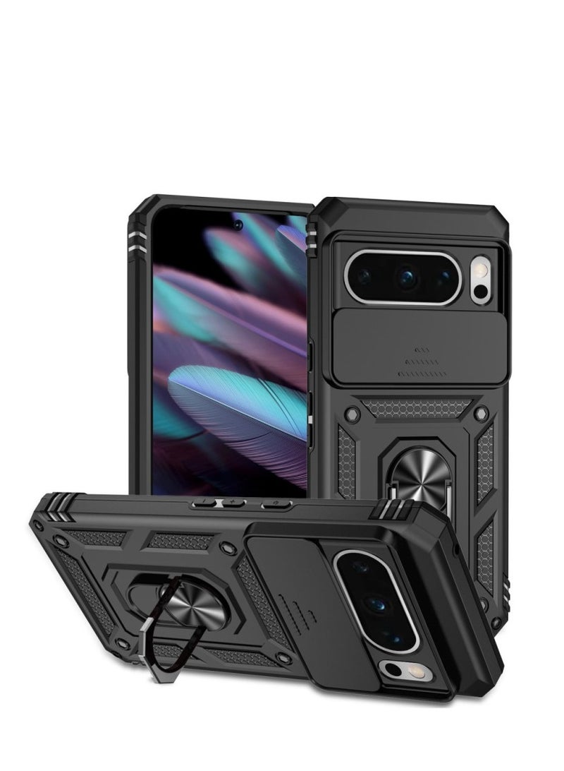 جراب هجين عسكري مع قبضة حلقية وواقي عدسة الكاميرا لهاتف Google Pixel 8 Pro - أسود