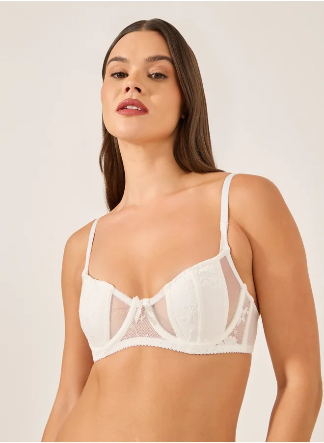 ستايلي Lace Mesh Padded Wired Bra with Bow Detail