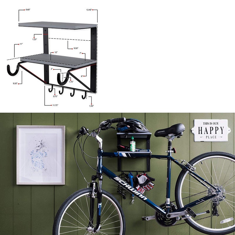 INDIAN DECOR INDIAN DECOR 16100 Wall Mounted Bicycle Storage Rack Shelf Horizontal Bike Hook Holder with Shelves Gray