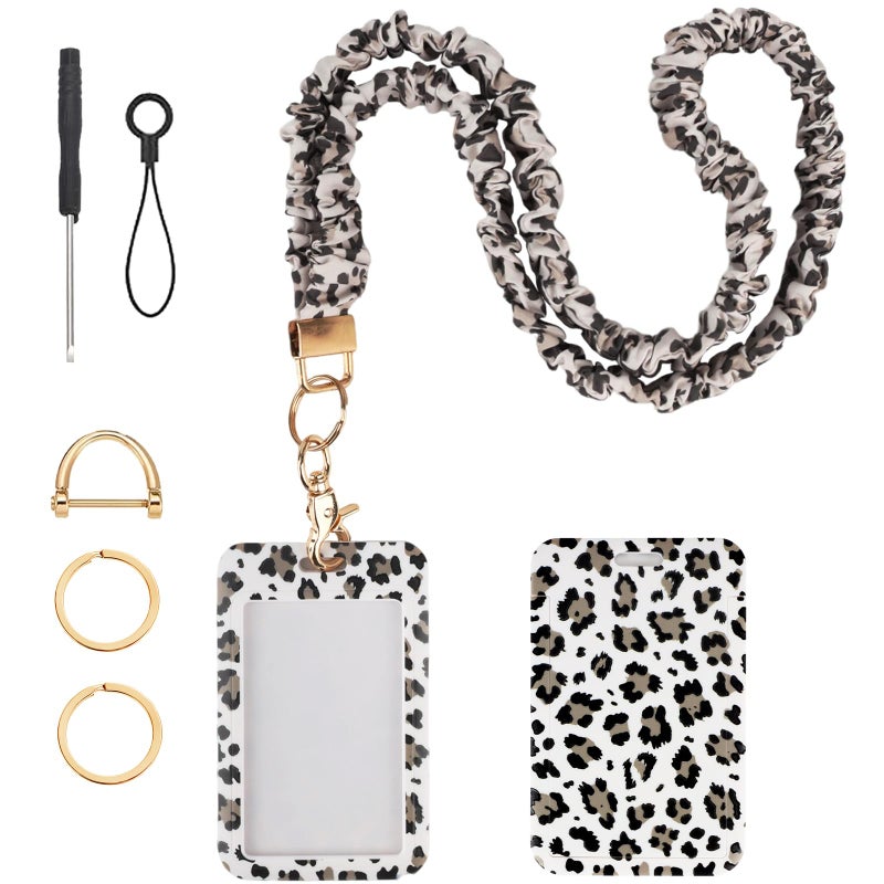 Nlicrst Scrunchie Lanyard Breakaway with ID Badge Holder - Leopard Style Stretchy Lanyards with ID Badges and Key Rings Set, Ideal for Women Teachers Nurse Gifts, Work, School, Conference - Image 1