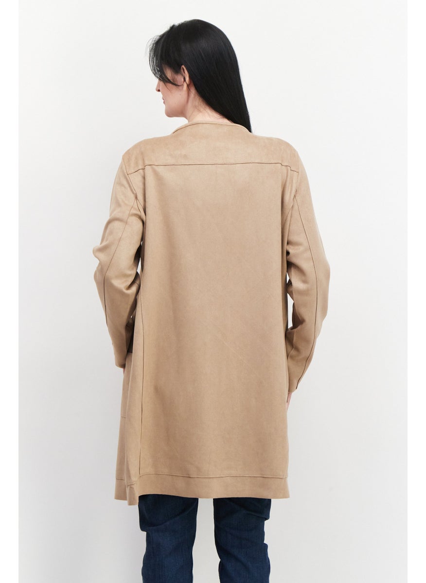 CARMEN MARC VALVO - Women Round Neck Plain Cardigan, Tan - Image 1