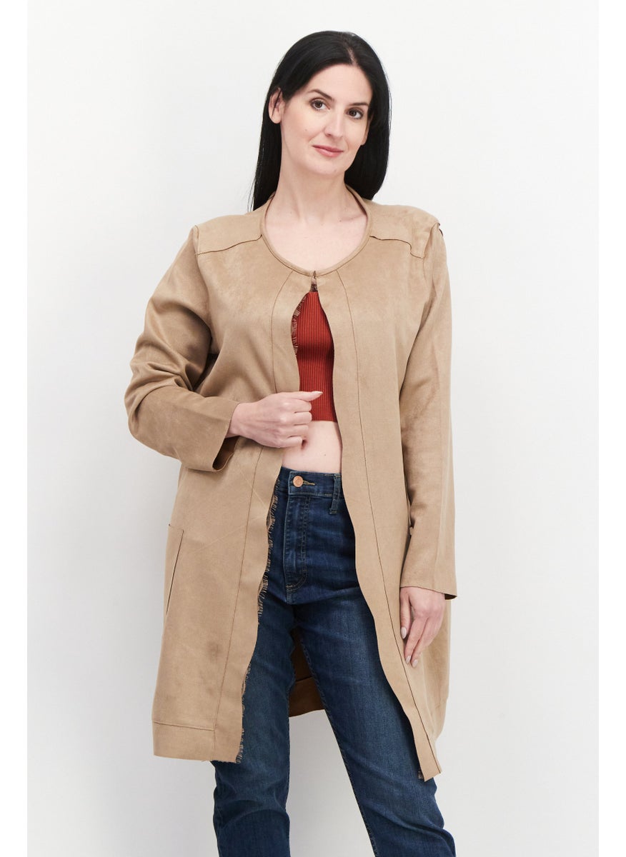 CARMEN MARC VALVO - Women Round Neck Plain Cardigan, Tan - Image 1