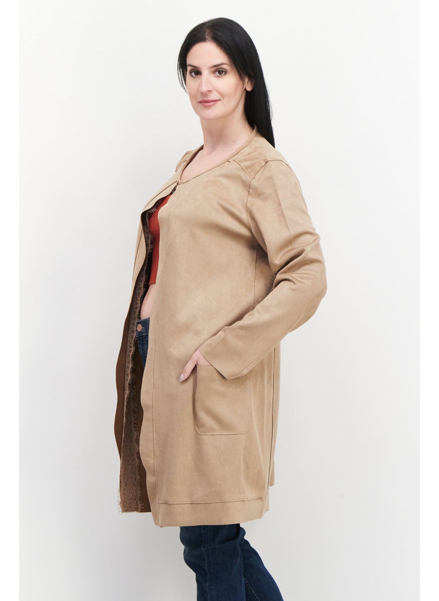 CARMEN MARC VALVO - Women Round Neck Plain Cardigan, Tan - Image 1