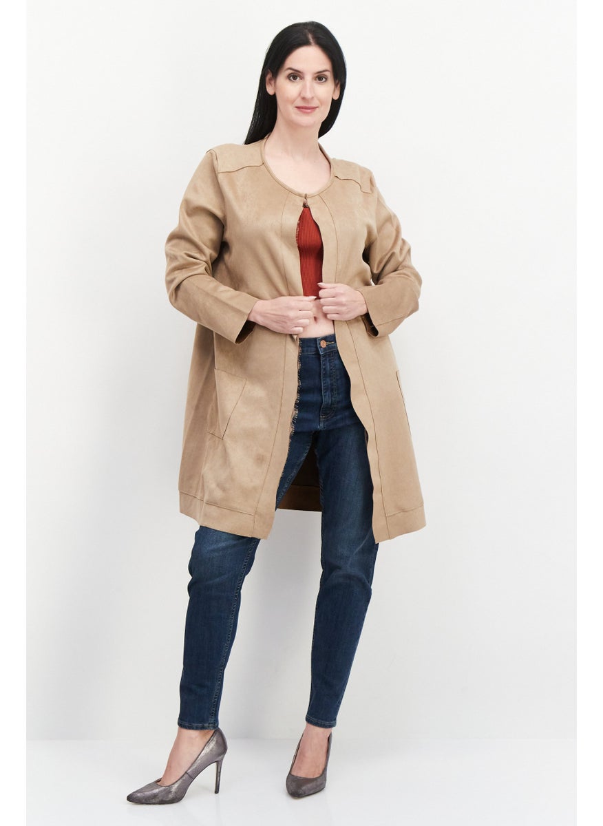 CARMEN MARC VALVO - Women Round Neck Plain Cardigan, Tan - Image 1