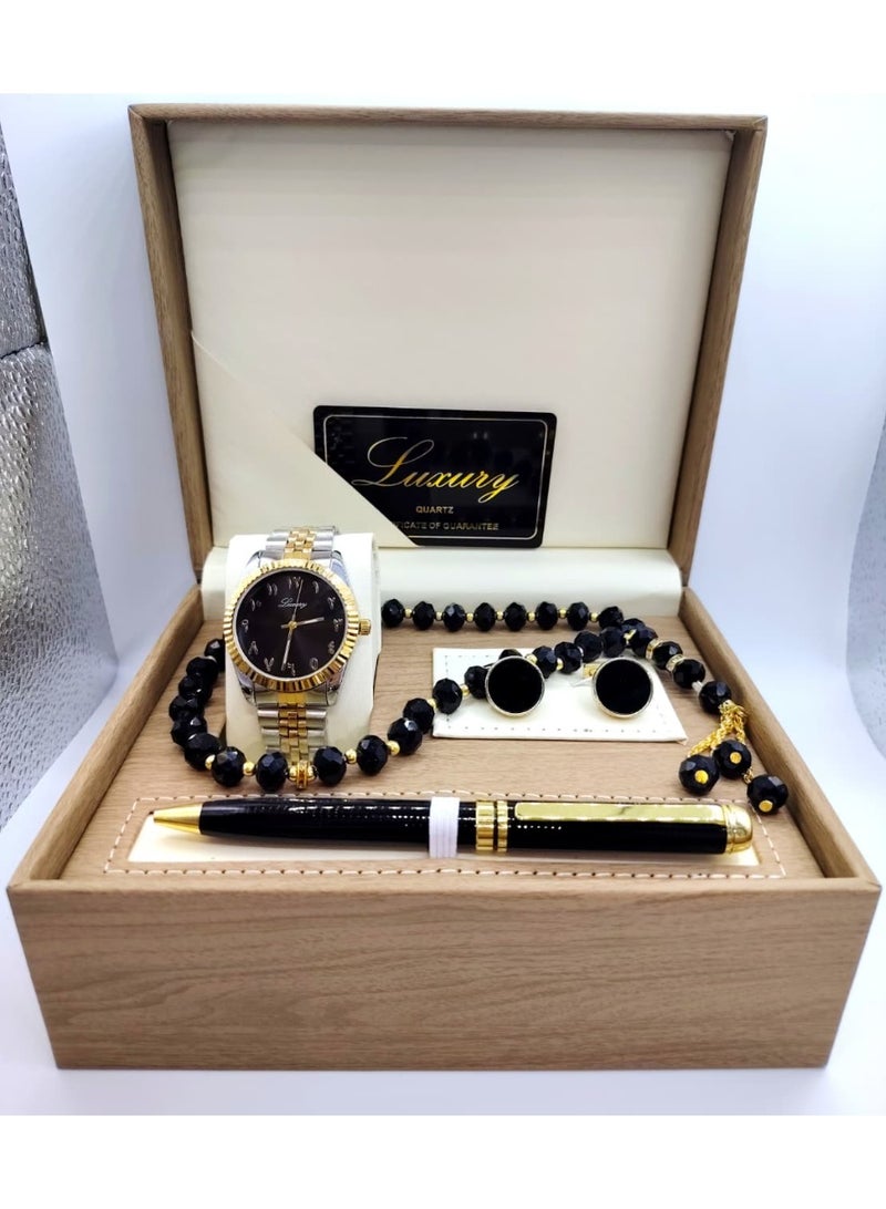 لكجر طقم هدية ساعة رجالية راقية أرقام عربية و بجودة عالية ساعة, وقلم, وسبحة, وكبك, سوار فضي وذهبي مع ميناء أسود