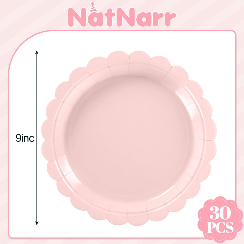 NatNarr 30 Pcs Pink Plates 9 Inch Disposable Scalloped Light Pink Paper Plates Pink Dessert Plate Cute Party Plate for Baby Shower  Wedding  Bridal Shower - Image 1