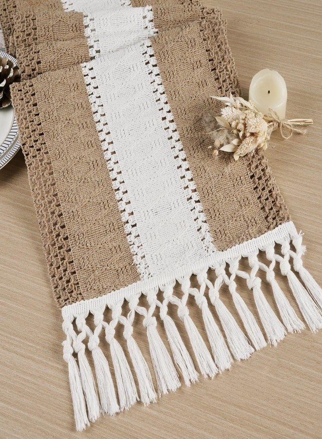 FEXIA Boho Table Runner for Home Decor with Tassels 72 Inches Long Farmhouse Rustic Brown Macrame Burlap Table Decoration for Living Room Bridal Shower (12x72 Inches) - Image 1