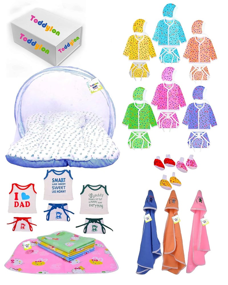 Toddylon Flat Bed New Born Baby Gift Pack Daily Needs Items Combo (Multicolour, 0-6 Months) Blue - Image 1