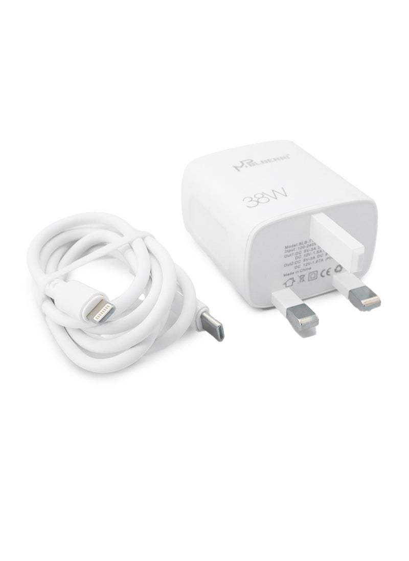 mpBLBERRI - 38w USB-A & USB-C PD Fast Charger | USB-C to Lightning Cable | mpBLBERRI BLB-T102 - Image 1