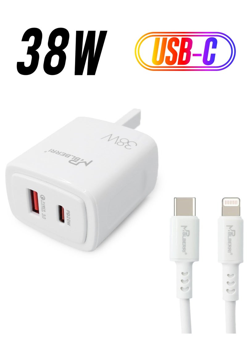 mpBLBERRI - 38w USB-A & USB-C PD Fast Charger | USB-C to Lightning Cable | mpBLBERRI BLB-T102 - Image 1