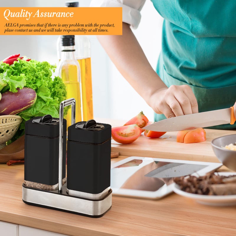 Aelga Black Salt and Pepper Shakers Set with Holder, Salt Shaker with Adjustable Pour Holes, Stainless Steel Refillable Spice Dispenser by Aelga - Image 4