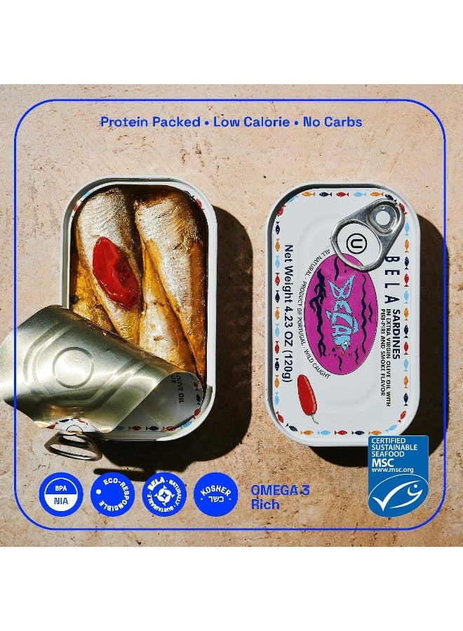 BELA Wild Caught Portuguese Sardines - Lightly Smoked and Marinated in Piri Piri Flavored Extra Virgin Olive Oil | 4.25 Oz (Pack of 12) | All Natural, High Protein, Hand Selected, Sea Salted, & Omega 3 Rich - Image 3