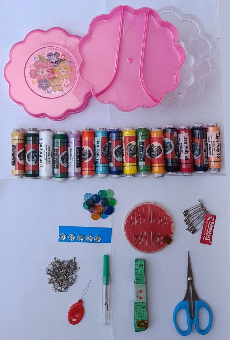 KEPY THE MALL KTM 2 Layer Small Round Portable 15 Reels Travel Sewing Kits Box with Color Needle Threads Scissor pin Hand Work Sewing Box Handwork Sewing Accessories  - Image 1