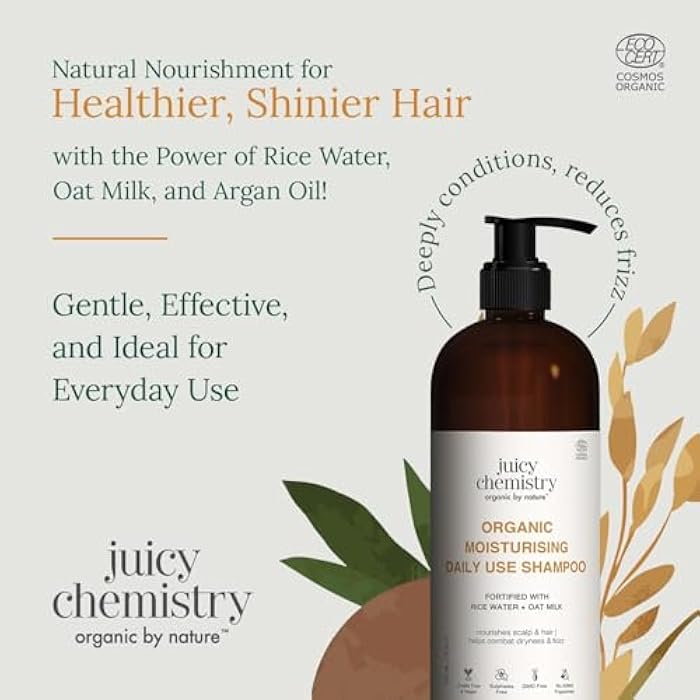 Juicy Chemistry Moisturising Daily Use Shampoo, 500 ml | Made with Rice Water & Oat Milk | For Dry, Frizzy & Unmanageable Hair | Certified Organic Shampoo for Men & Women | Cruelty Free & Vegan - Image 3