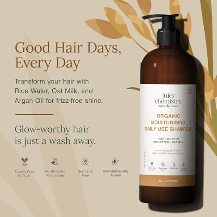 Juicy Chemistry Moisturising Daily Use Shampoo, 500 ml | Made with Rice Water & Oat Milk | For Dry, Frizzy & Unmanageable Hair | Certified Organic Shampoo for Men & Women | Cruelty Free & Vegan - Image 4