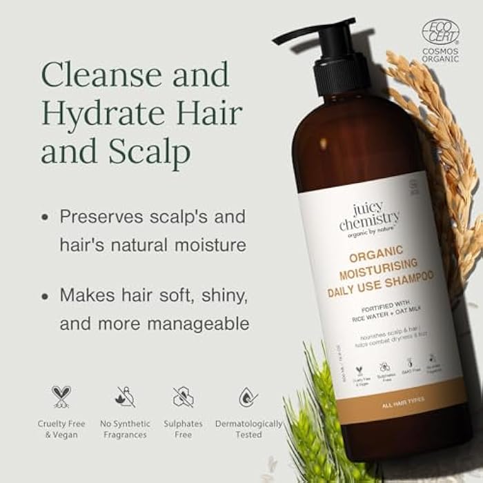 Juicy Chemistry Moisturising Daily Use Shampoo, 500 ml | Made with Rice Water & Oat Milk | For Dry, Frizzy & Unmanageable Hair | Certified Organic Shampoo for Men & Women | Cruelty Free & Vegan - Image 2