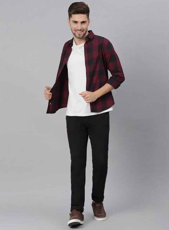 دينيس لينغو قميص رجالي كاجوال بلون مارون بقصة سليم فيت بنقشة مربعات - Image 3