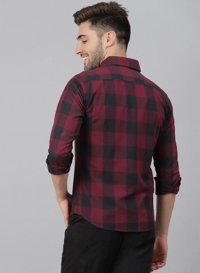 دينيس لينغو قميص رجالي كاجوال بلون مارون بقصة سليم فيت بنقشة مربعات - Image 5