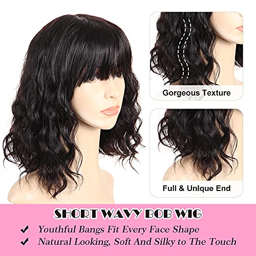 PANEWAY Short Human Hair Wigs with Bangs Brazilian Body Wave Virgin Human Hair Wigs for Black White Women Short Wavy Bob Wigs with Bangs 12 Inch - Image 2