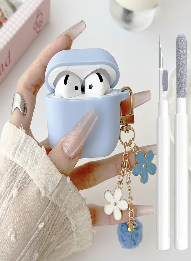 OTOPO Cute Sky Blue Case for Airpods 4 Cover for Girl Women with Pom pom Flower Charms Keychain & Cleaner Kit, Soft Silicone Airpods iPod 4th Gen Protective Cover Skin for Airpod 4 2024 - Image 1