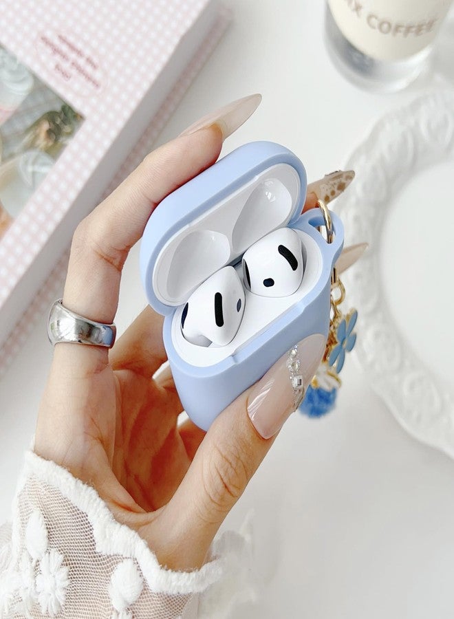 OTOPO Cute Sky Blue Case for Airpods 4 Cover for Girl Women with Pom pom Flower Charms Keychain & Cleaner Kit, Soft Silicone Airpods iPod 4th Gen Protective Cover Skin for Airpod 4 2024 - Image 2