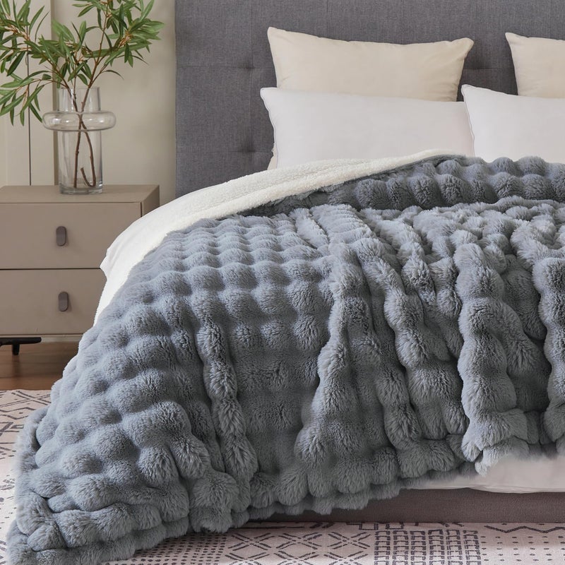 Serenhom 60x80 Inches Ultra-Soft Fuzzy Faux Fur Plush Twin Size Blanket - Thick  Warm Sherpa for Couch  Sofa  Bedroom  Camping - Decorative Blanket for Cozy Warmth  Bubble Grey - Image 1