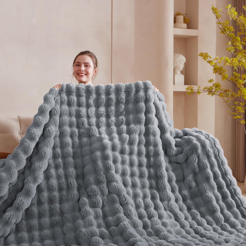 Serenhom 60x80 Inches Ultra-Soft Fuzzy Faux Fur Plush Twin Size Blanket - Thick  Warm Sherpa for Couch  Sofa  Bedroom  Camping - Decorative Blanket for Cozy Warmth  Bubble Grey - Image 2