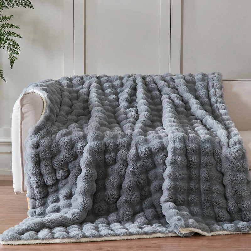 Serenhom 60x80 Inches Ultra-Soft Fuzzy Faux Fur Plush Twin Size Blanket - Thick  Warm Sherpa for Couch  Sofa  Bedroom  Camping - Decorative Blanket for Cozy Warmth  Bubble Grey - Image 3