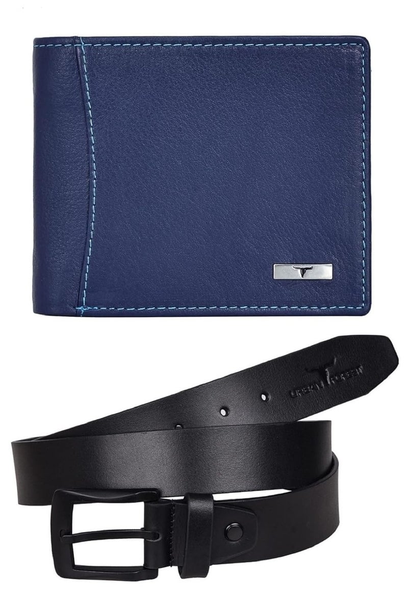 URBANFOREST مجموعة هدايا لمحفظة جلدية زرقاء وحزام كاجوال أسود للرجال - Image 2